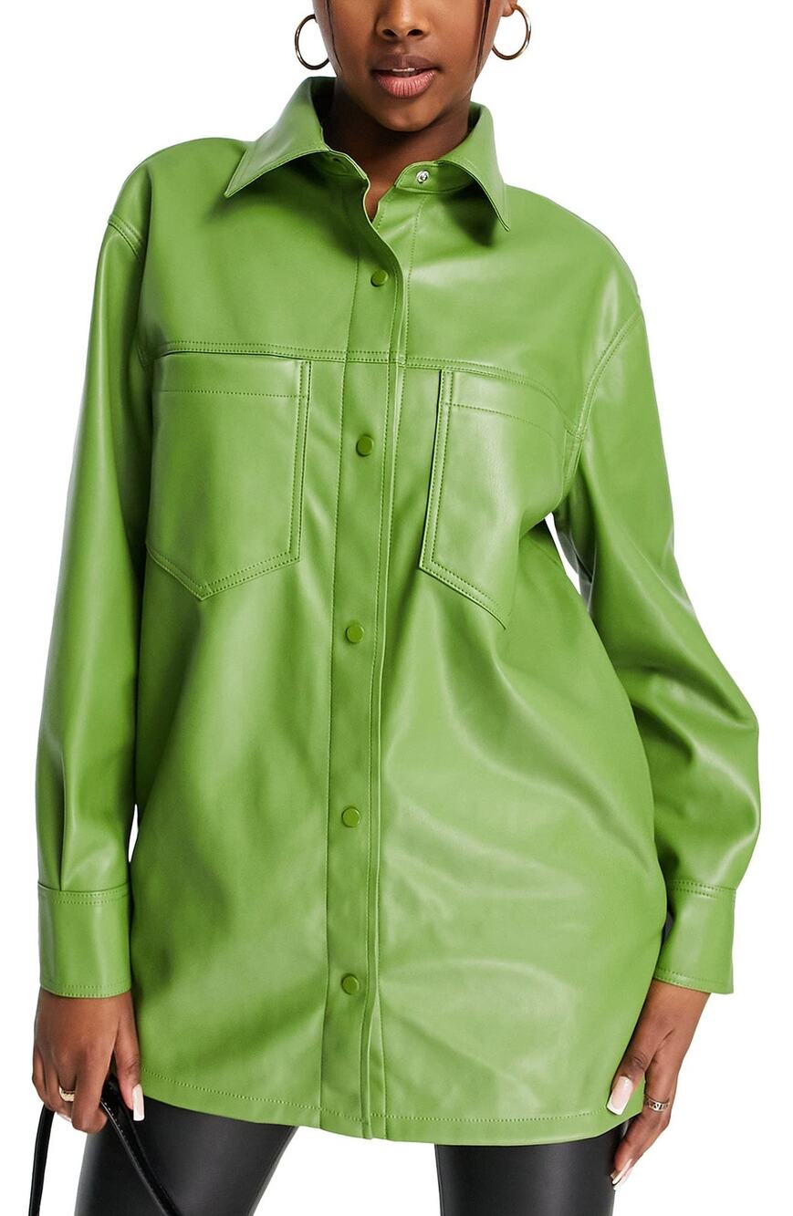 Topshop Faux Leather Green Maddie Button Up Shirt Size US 4
